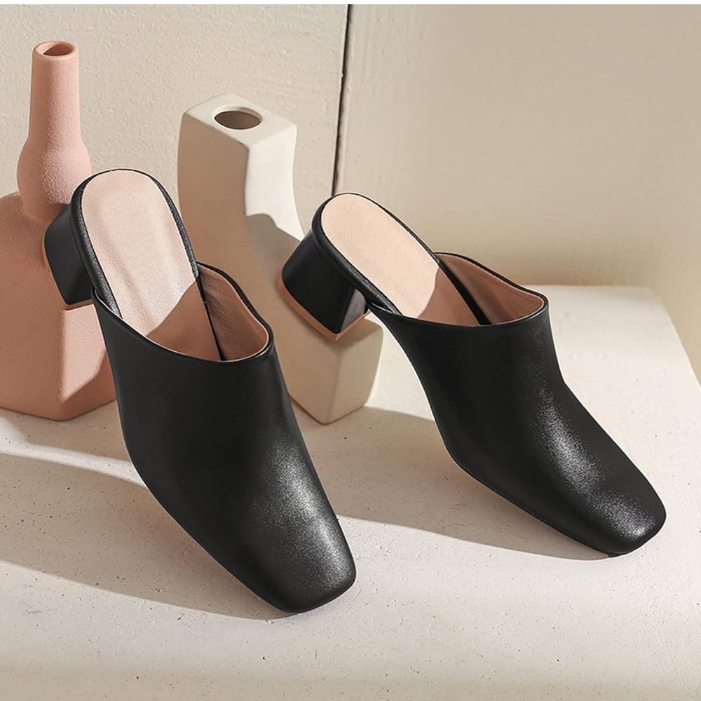 NWOT Size 8 Women Black Chunky Heel Mules Closed Toe Square Toe Slip On Shoes - Picture 11 of 14